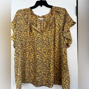Max Studio Mustard Floral Ruffle Sleeve Blouse